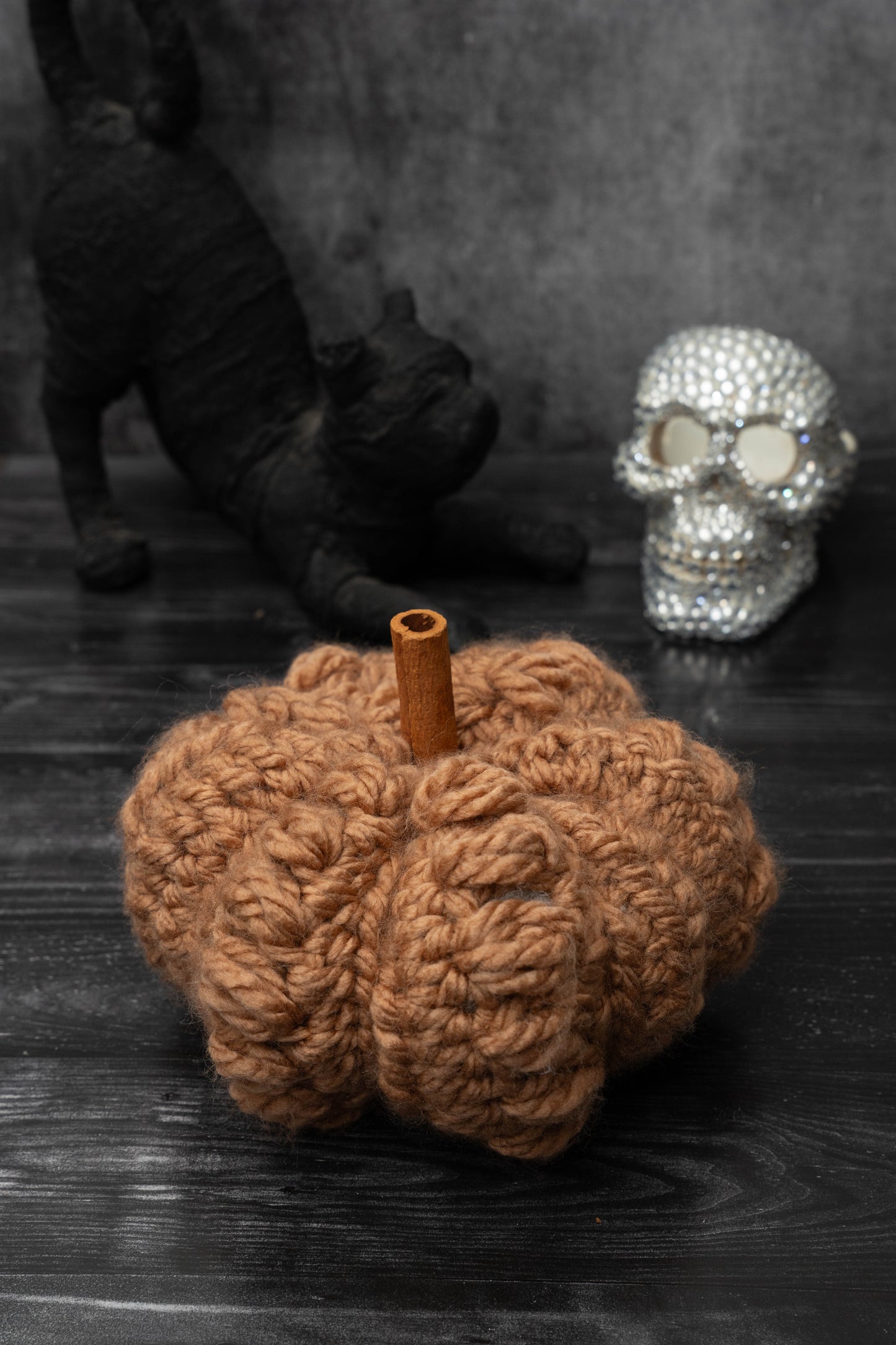 Handmade Crochet Rustic Pumpkins - Cozy Autumn Decor with Cinnamon Stalks