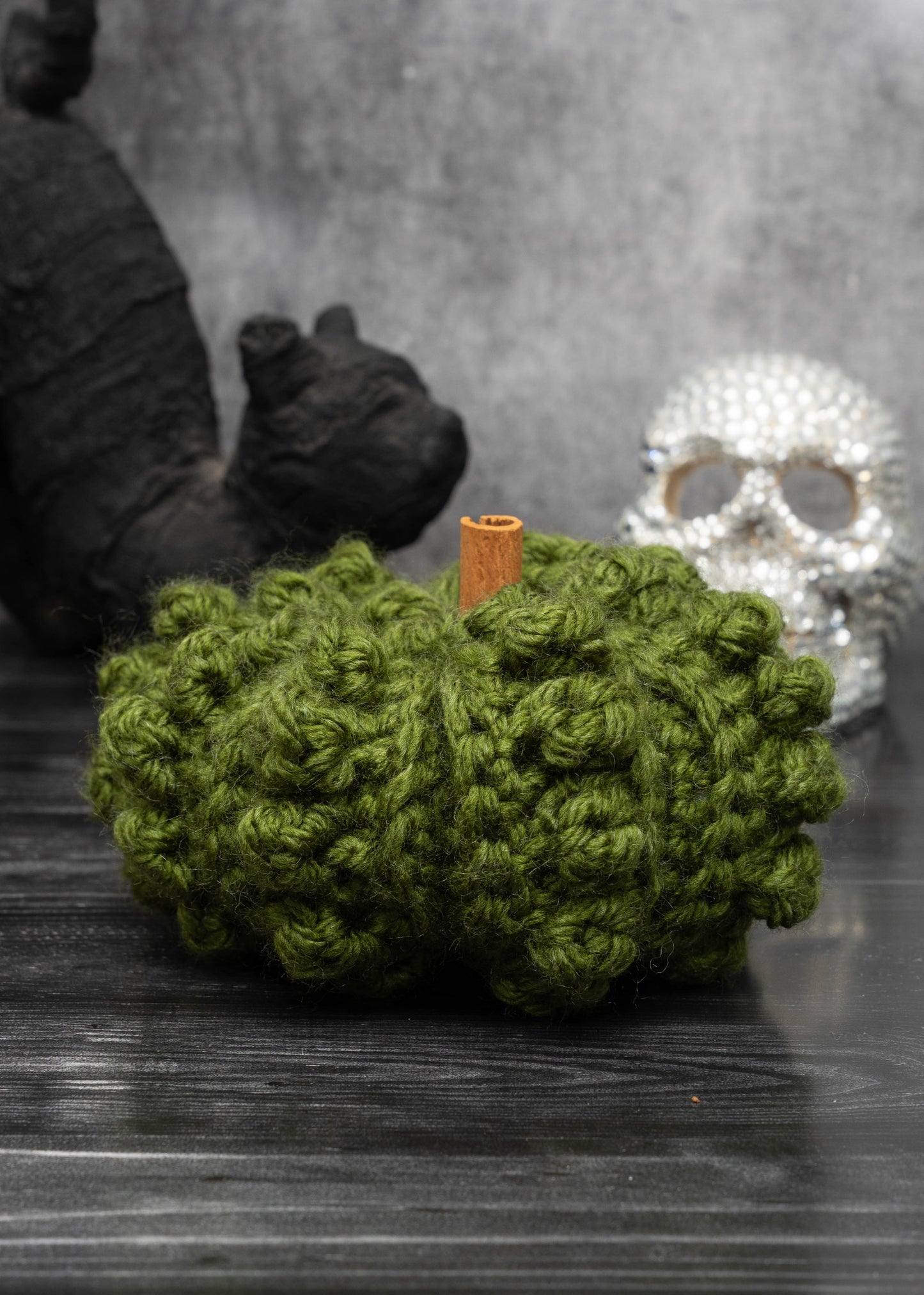 Handmade Crochet Rustic Pumpkins - Cozy Autumn Decor with Cinnamon Stalks