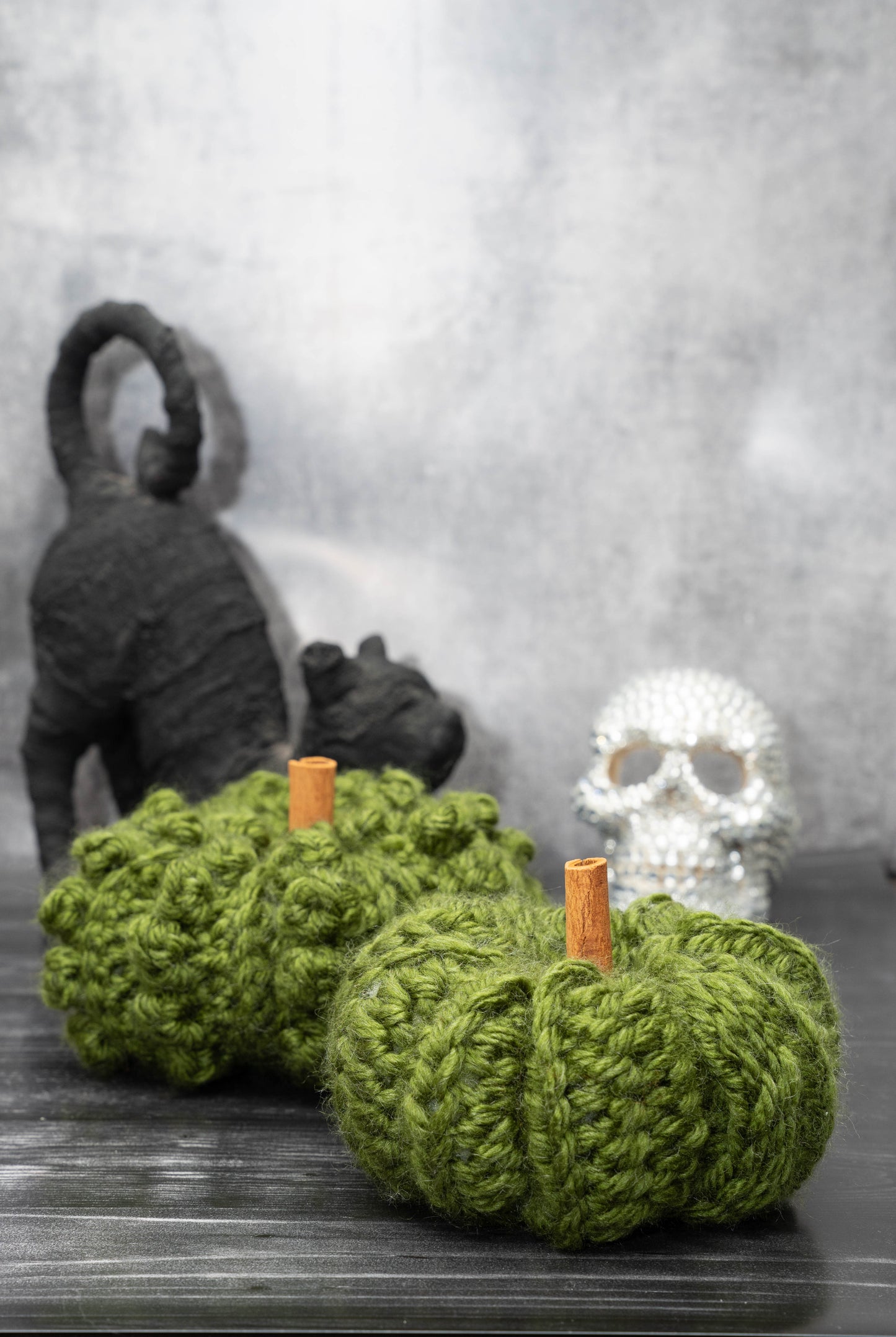 Handmade Crochet Rustic Pumpkins - Cozy Autumn Decor with Cinnamon Stalks