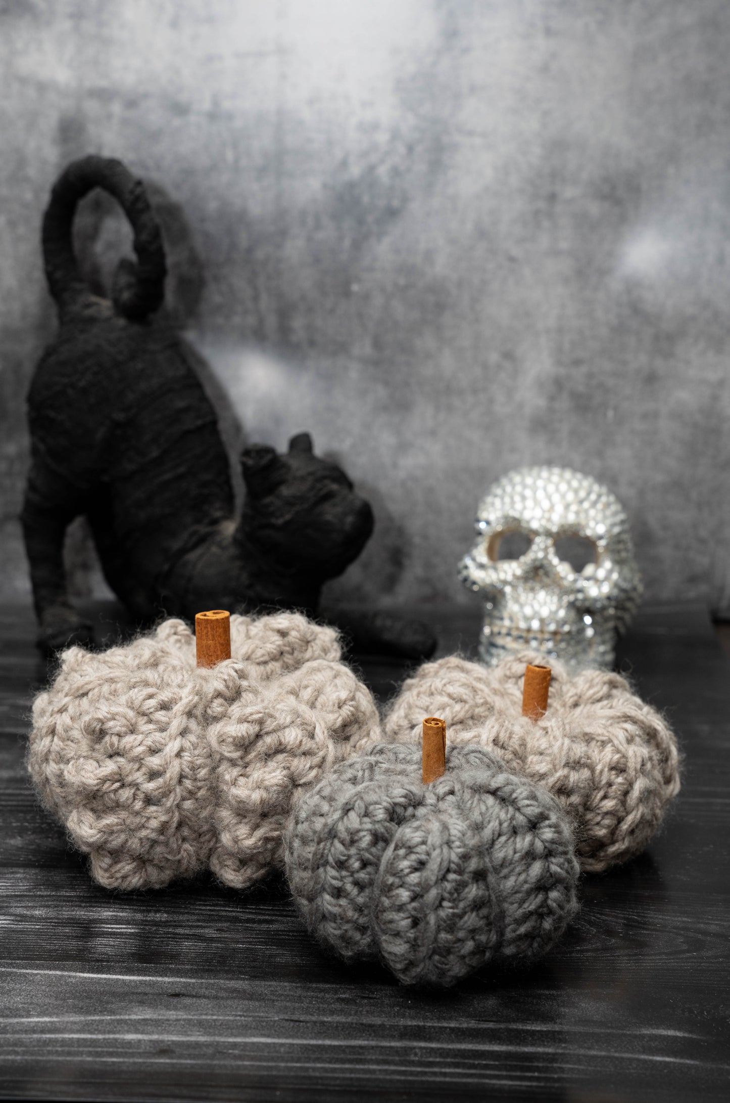 Handmade Crochet Rustic Pumpkins - Cozy Autumn Decor with Cinnamon Stalks