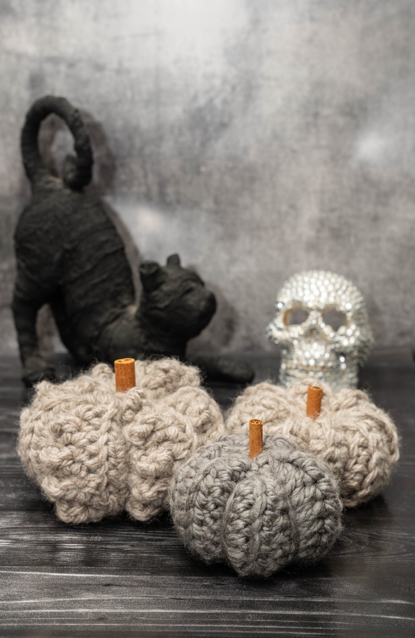 Handmade Crochet Rustic Pumpkins - Cozy Autumn Decor with Cinnamon Stalks