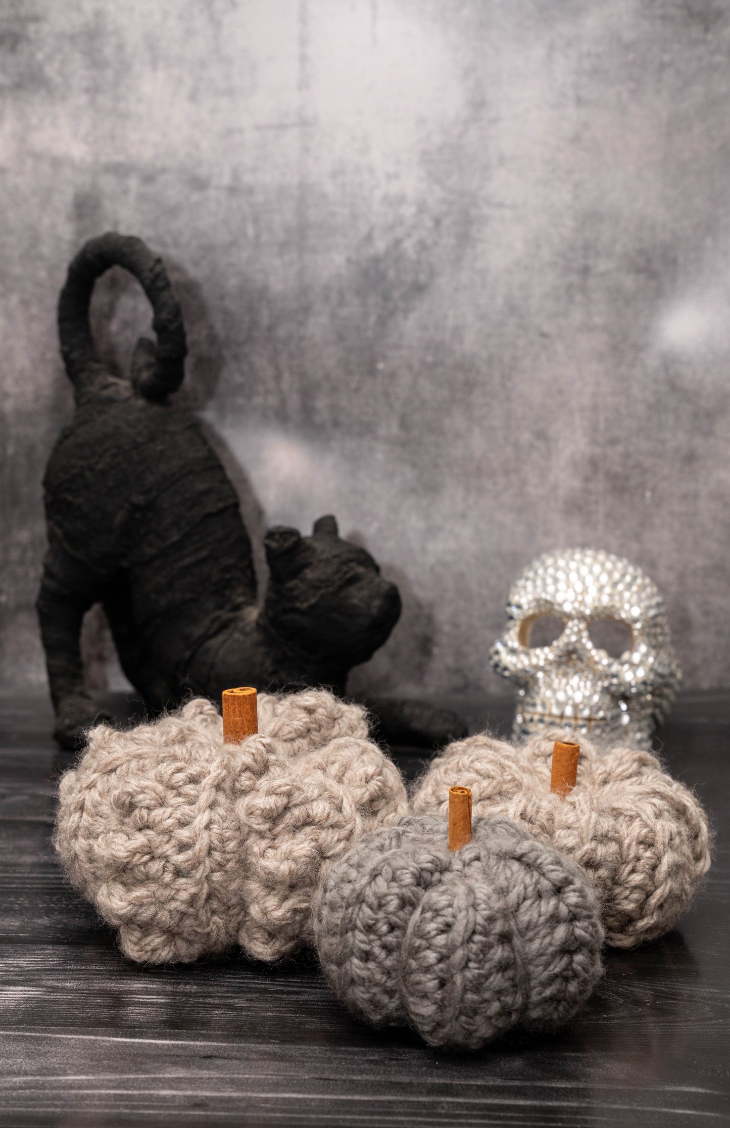 Handmade Crochet Rustic Pumpkins - Cozy Autumn Decor with Cinnamon Stalks