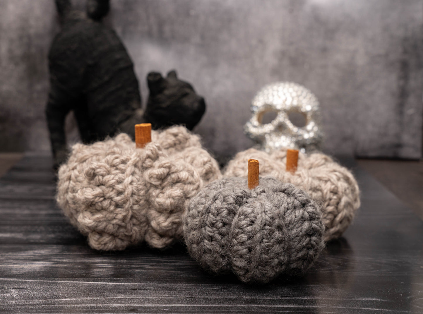 Handmade Crochet Rustic Pumpkins - Cozy Autumn Decor with Cinnamon Stalks