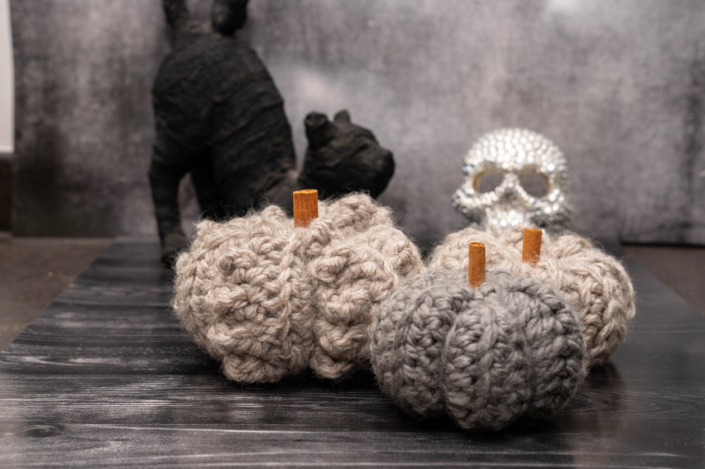 Handmade Crochet Rustic Pumpkins - Cozy Autumn Decor with Cinnamon Stalks