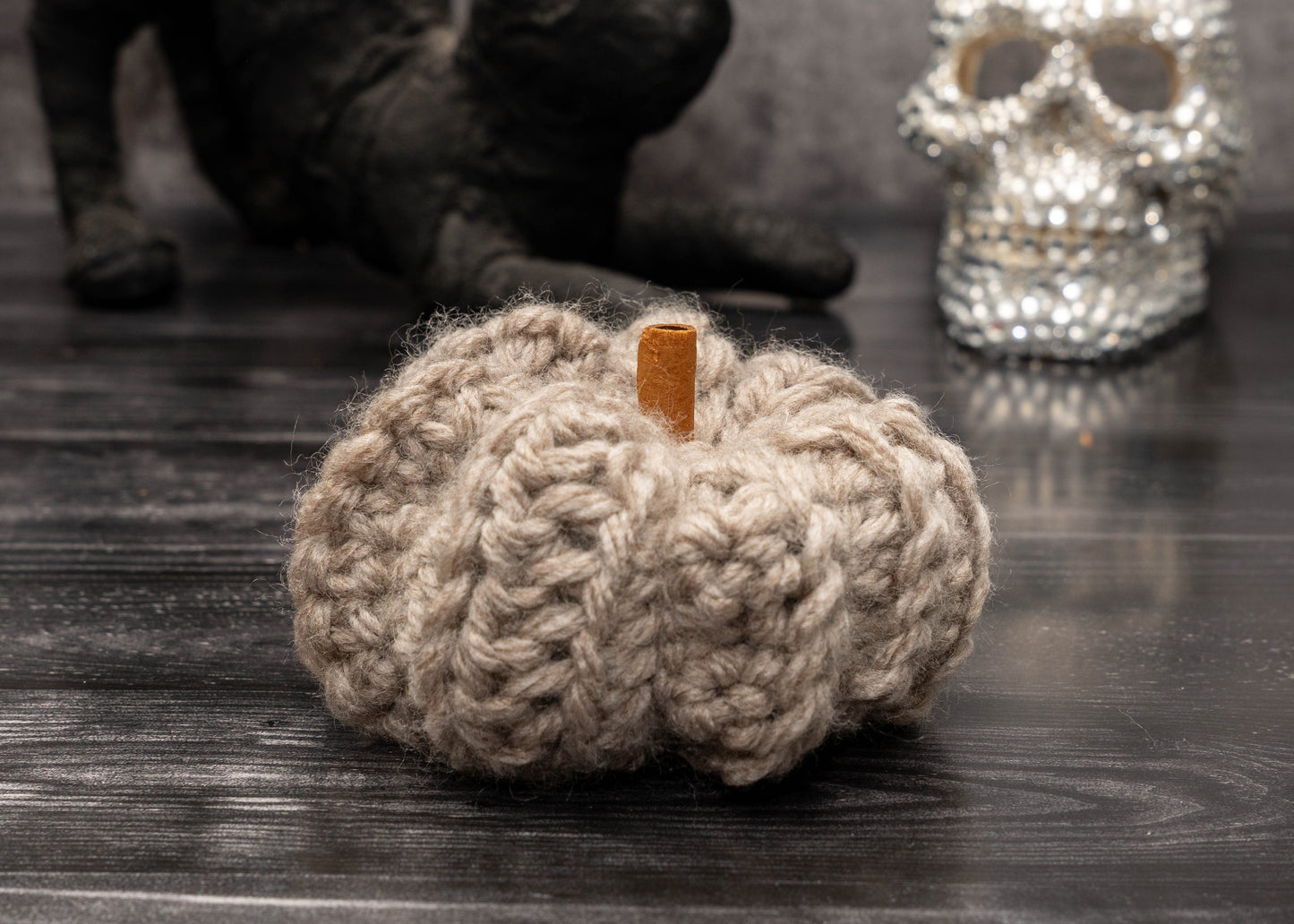 Handmade Crochet Rustic Pumpkins - Cozy Autumn Decor with Cinnamon Stalks