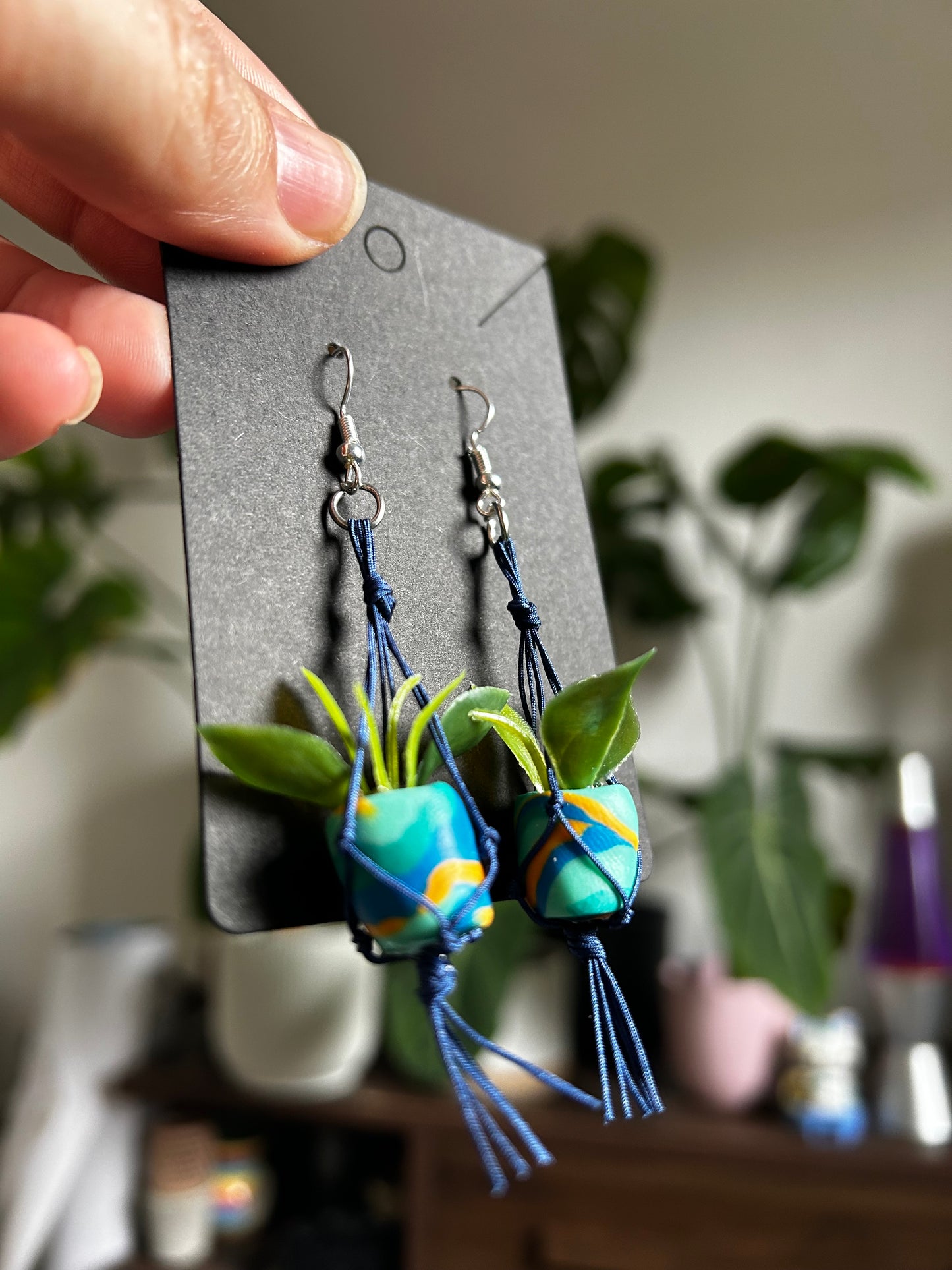 Macrame Hanger Earrings Blue/ blue green swirl