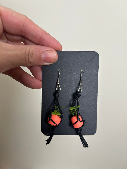 Macrame Hanger Earrings Black/ Neon Peach