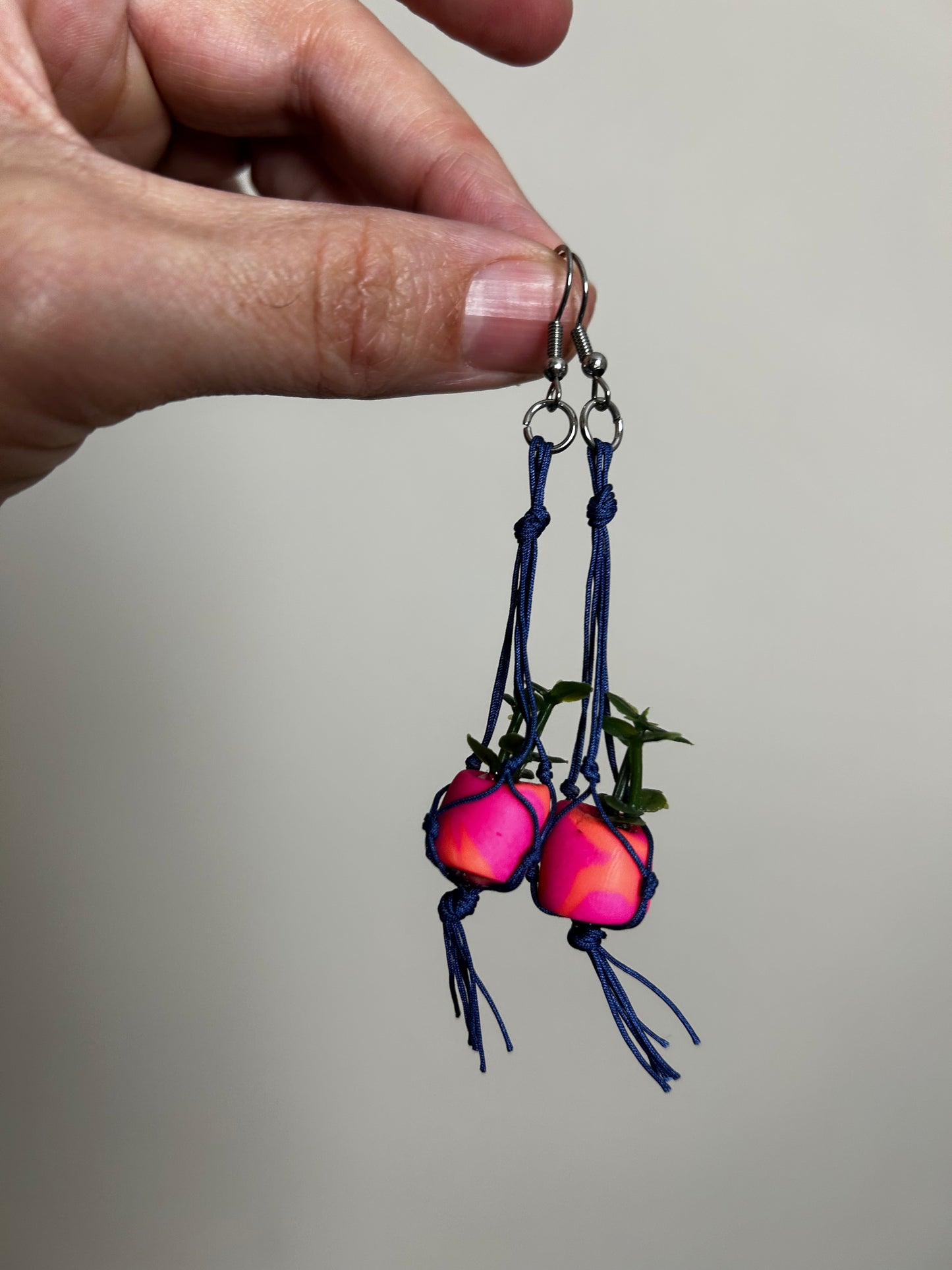 Macrame Hanger Earrings Blue/Neon Pink Swirl